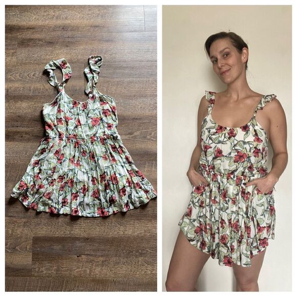 Free People Ruffle Floral Mini Dress Pockets Bohemian XS Oversized - Picture 6 of 11